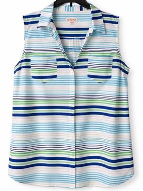 Merona Striped Sleeveless Blouse | Blue Green White Top | Casual Chic ✨